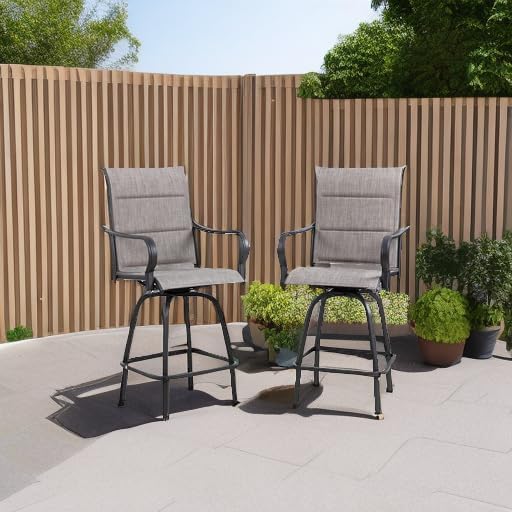 Vongrasig 2 Piece Outdoor Patio Swivel Bar Chairs, All Weather Padded Sling Textile High Top Bar Stools, Bistro Set for Backyard, Lawn Garden, Balcony, Gray