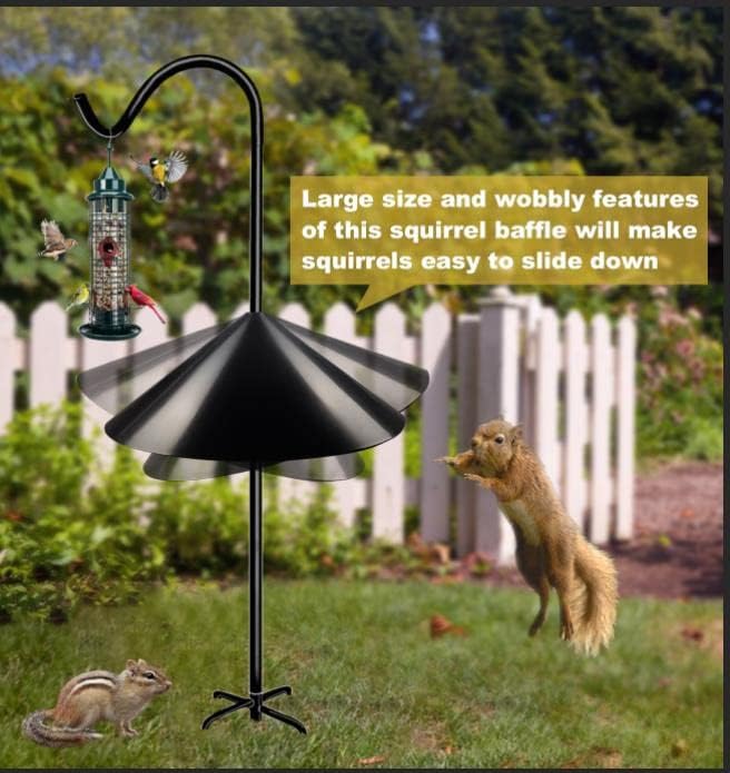 Queension Squirrel Proof Baffle, 19-inch Wide Squirrel Guard Stopper for Outdoor Bird Feeder Poles or Outside Shepherd Hooks, Save Bird Houses from Squirrels, Raccoons, and Rodents, Black, 1 Pack…