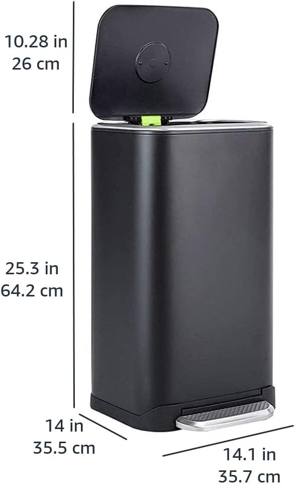Amazon Basics Rectangular Metal Trash Can With Soft-Close Foot Pedal, Fingerprint Resistant, Removable Inner Bucket, 32 liter/8.5 gallon, Black, 14"L x 14"W x 25.3"H