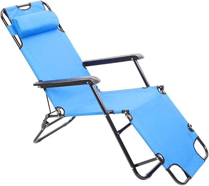 Portable Outdoor Folding Lounge Chair, Camping Chair, Reclining Chair with Pillow,Chaise Lounge for Ioor Outdoor Patio Deck Yard Beach Poolside, Blue