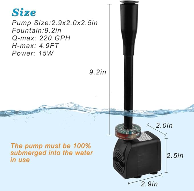 DOMICA 15W 220 GPH Submersible Fountain Pump with LED Light (800L/H), Ultra Quiet Adjustable Water Pump for Water Feature, Hydroponics, Garden, Pond, Aquariums, Fish Tanks, Indoor Outdoor Fountain