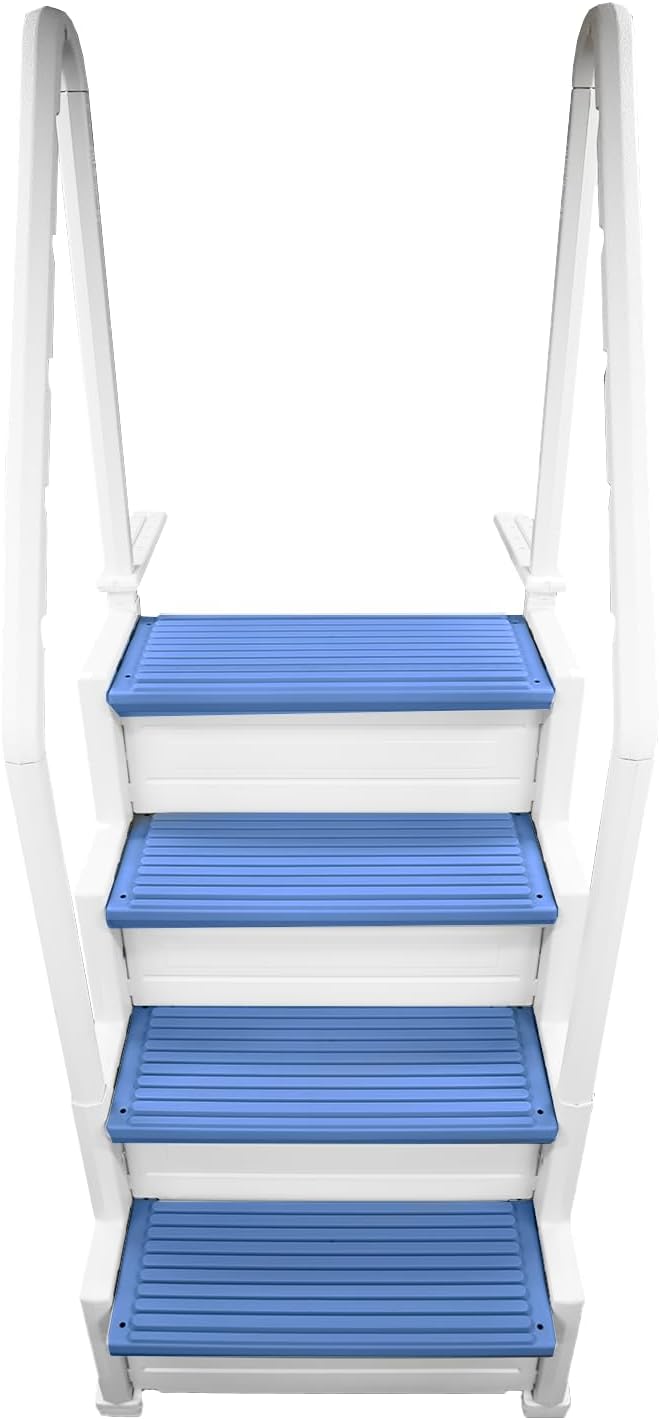 Confer Plastics Step-1X: Sturdy Above Ground Entry System with Dual Handrails and Slip-Resistant Steps, Easy Installation, Supports up to 400 lbs - Proudly Made in USA. White with Blue Treads
