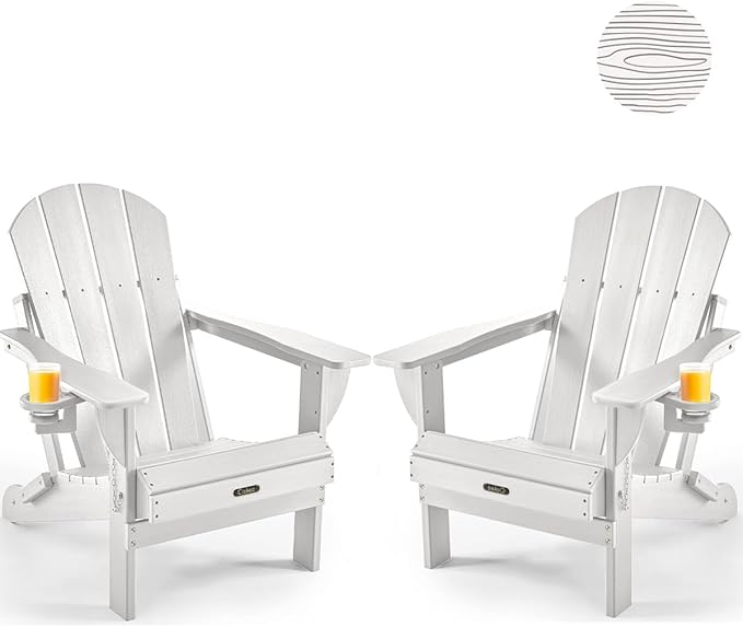 Ciokea Folding Adirondack Chair 2 Pack, Patio Adirondack Chair Weather Resistant, Plastic Fire Pit Chair with Cup Holder, Lawn Chair for Outdoor Porch Garden Backyard Deck (White)
