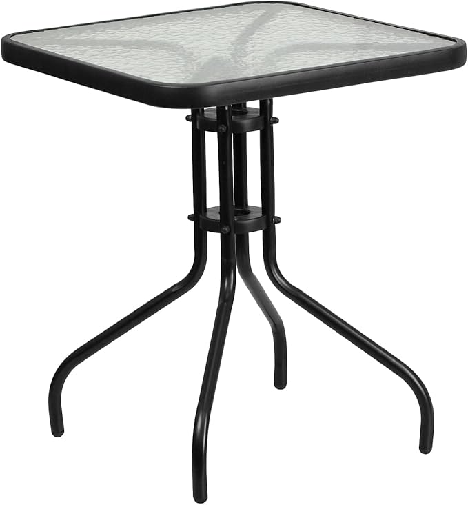 Flash Furniture Lila 23.5'' Square Glass Metal Table with 2 Black Metal Aluminum Slat Stack Chairs