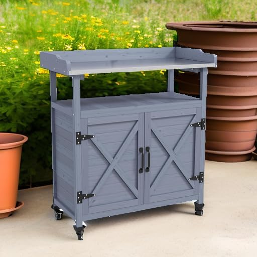 Outsunny Outdoor Wooden Potting Bench Table, Garden Workstation with Storage Cabinet, Aluminum Table Top, Rubber Wheels for Backyard, Patio, Balcony, Gray