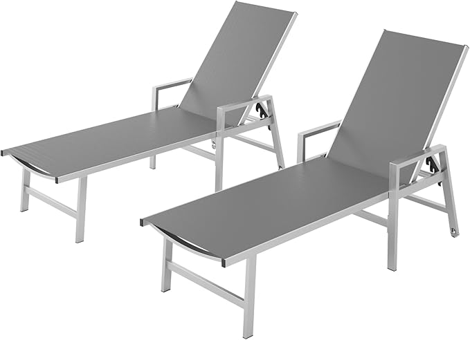 Patio Chaise Lounge Chair Outdoor with Wheels&Armrests, Aluminum Pool Lounge Chairs Set of 2 Five-Position Adjustable Recliner, Outdoor Beach Lounge Chairs for Poolside, Lawn, Deck, Yard, Dark Gray