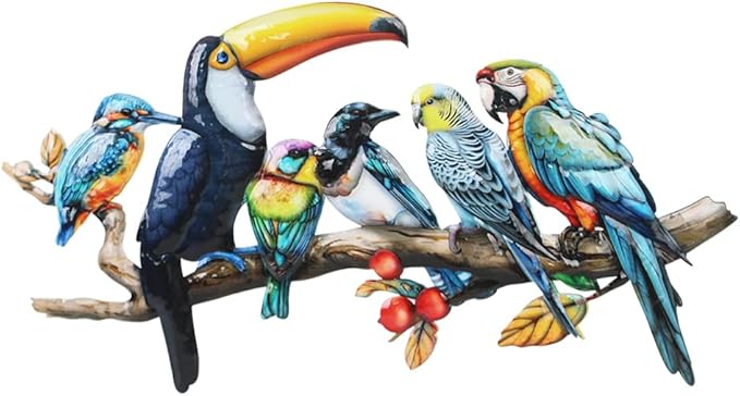 3 Pcs Metal Birds Wall Art Garden Decor, 3D Colorful Birds Outdoor Wall Art Yard Patio Fence Decoration, Hummingbird Parrot Toucan Wall Hanging Sculpture Outside Gift for Women Mom