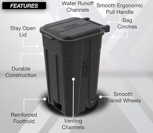 TuffCan 45-Gallon Heavy Duty Outdoor Trash Can with Wheels and Attached Lid, Black