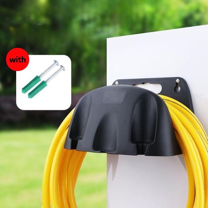 Garden Hose Reel Wall Mount Holder for Yard Organization - 2 Pack Premium Plastic Water Hose Holder, Small Setup for Garage, Holds 65' Feet Hose, Outside Storage with Pipe Hook Support
