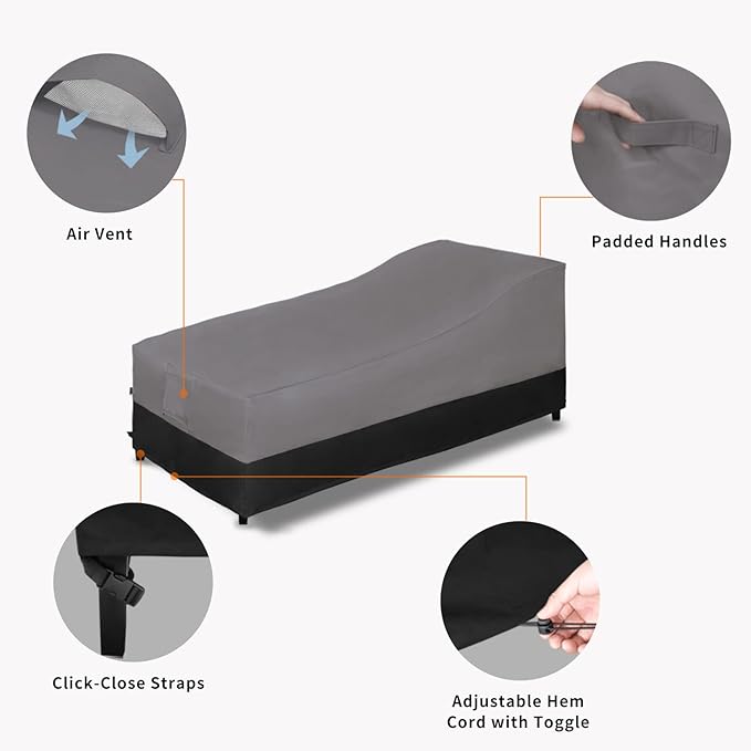 Easy-Going Waterproof Outdoor Chaise Lounge Cover, Heavy Duty Patio Chair, Windproof Furniture With Air Vent - 78Wx35.5Dx33H inch, Gray/Black