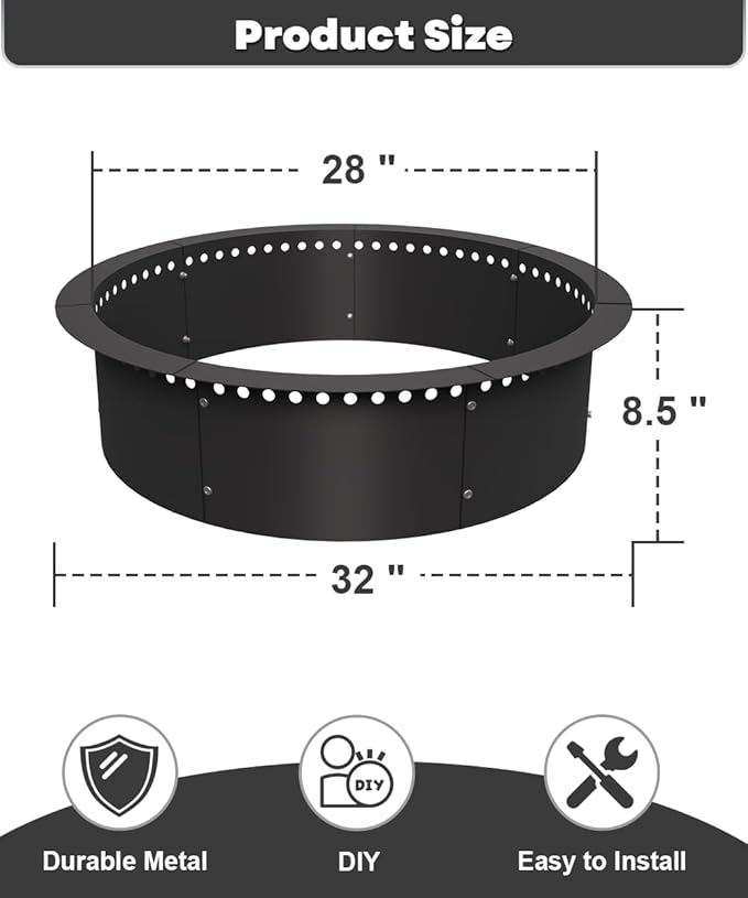 28 Inch Smokeless Fire Pit Ring Insert Outdoor, Heavy Duty Metal Steel DIY Firepit Rim Liner Round Campfire Rings for Outside Wood Burning Above or In-Ground, Black