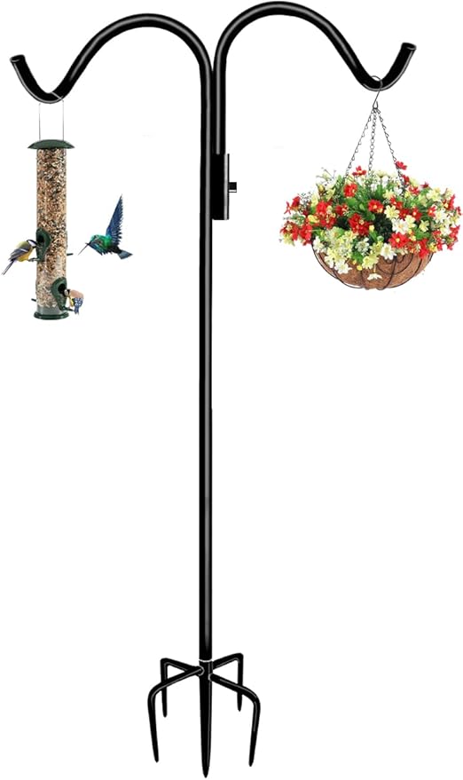 60 Inch Double Shepherd Hook Stand for Outdoor Birdfeeder, Adjustable Two Sided Garden Bird Feeder Pole Holder for Birdhouse Planter Solar Light Lantern, Black, 1 Pack