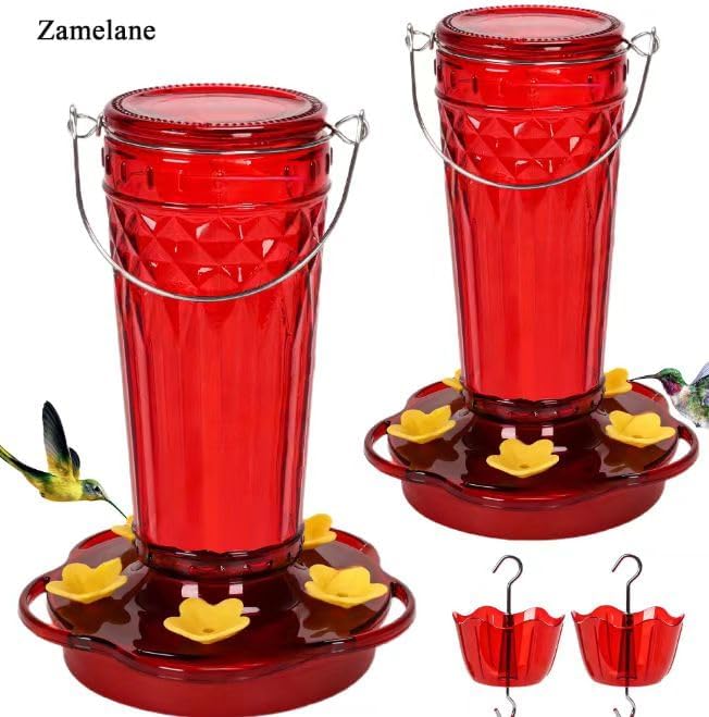 Hummingbird Feeder 2pack-14Ounces，5 Feeding Ports Glass Hummingbird feeders for Outdoors,Wide Mouth for Easy Filling/Cleaning，Hanging for Garden Backyard Decor, Includes Ant Moat (Red)