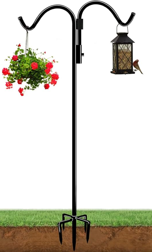 92 Inch Double Shepherds Hook for Outdoor with 5 Prong Base, Adjustable Heavy Duty Bird Feeder Pole for Hanging Flower Basket, Plant Hanger, Solar Light Lanterns, Black