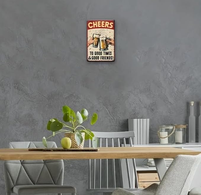 Vintage Beer Toast Metal Sign, Cheers to Good Times Design, 8 x 12 inches, Red