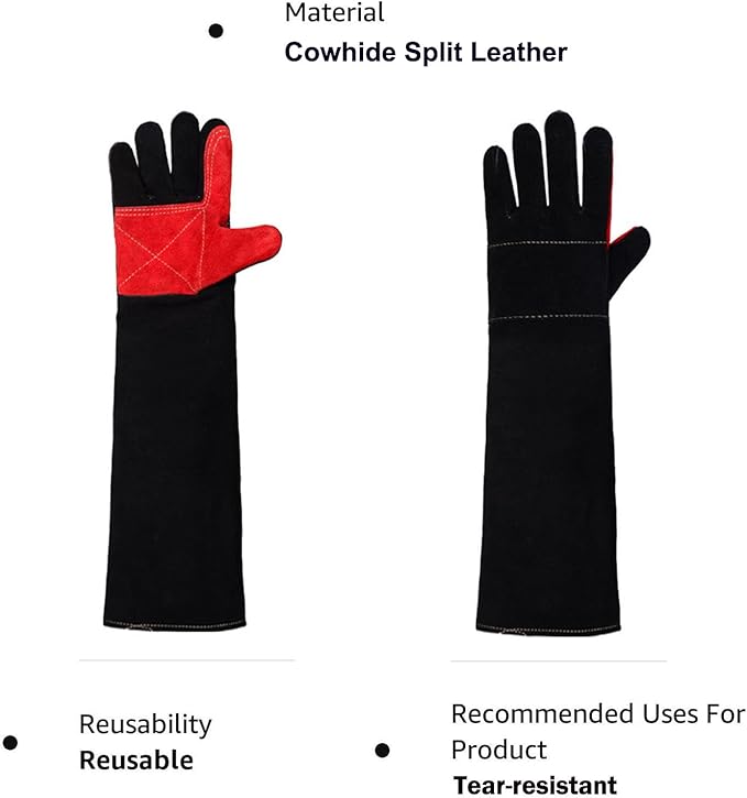 23.6" Inch Long Sleeves Welding Safety Gloves, Heat Resistant Stove Fire And Barbecue Gloves, Bite Proof Animal Handling(Black)