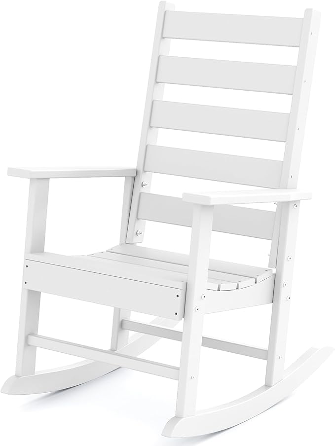 GREENVINES Outdoor-Rocking-Chair | HDPE Plastic | Patio Rockers | Porch Rocker Chairs | Shaker | Oversized | High Ladder Back | Big & Tall | PentaLuxe | White