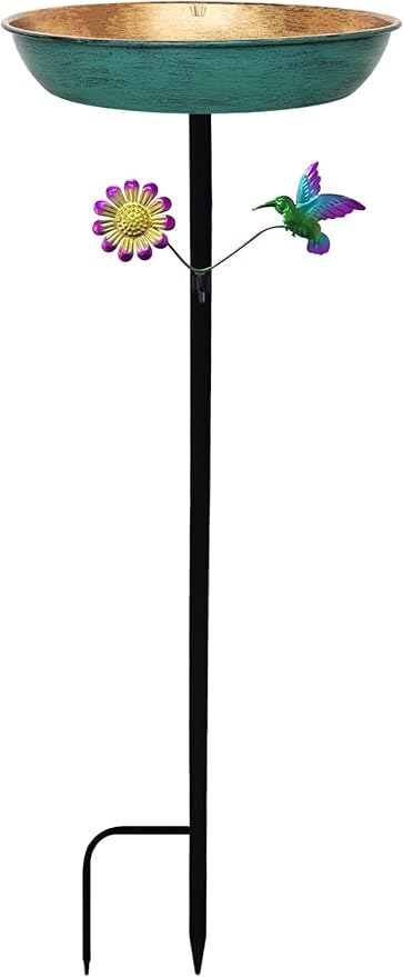Freestanding Outdoor Bird Bath - 11 Inch Green & Bronze Birdbath Bowl & Feeder with Metal Stake 0.5 Gallon Garden Yard Patio Lawn Decor