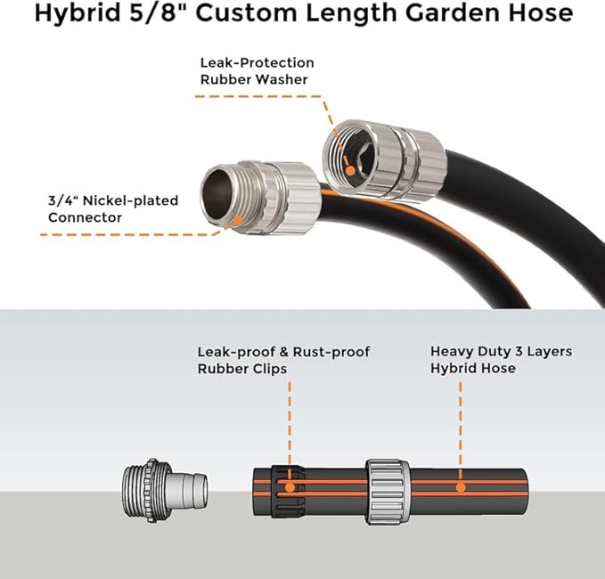 Giraffe Tools Garden Hose 30ft x 5/8", Custom Length, Heavy Duty, No Kink, Flexible, Rubber Garden Hose, Leakproof Water Hose, 30ft Male to Female Hose, 600 Burst PSI