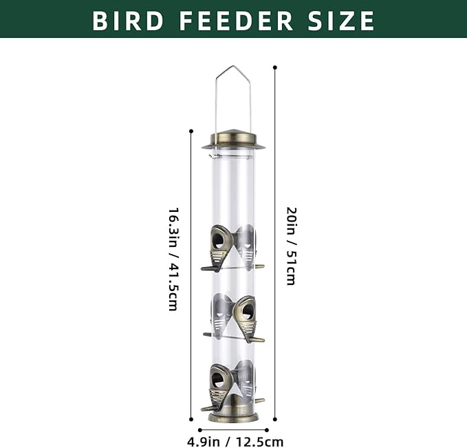 ERYTLLY Metal Bird Feeders 6 Port Tube Bird Feeder for Wild Birds, 1.4mm Extra Thick Solid Tube Transparent with Steel Squirrel Proof for Outside