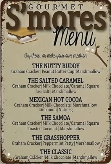 Vintage S'Mores Menu Metal Sign - Rustic Wall Decor with Delicious S'More Recipes (Graham Cracker, Marshmallow, Chocolate) - 12x8 Inches