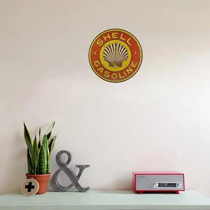 Metal Retro Shell Gasoline Wall Art, Creativity Art Decorations, Garden Sign Outside Decor，Wall Sculpture， Hanging Sculpture for Living Room Dining Room Bedroom Yard Outdoor Decor (Shell Gasoline)