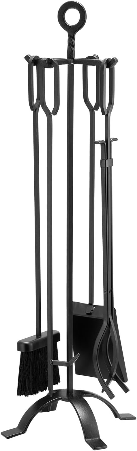 VEVOR Fireplace Tool Set, 5 PCS Fire Tool Set and Holder with Four-Prong Stand, Tongs, Ash Shovel, Brush, Fire Place Poker, Wrought Iron Fireplace Accessories for Campfire Indoor/Outdoor, Black