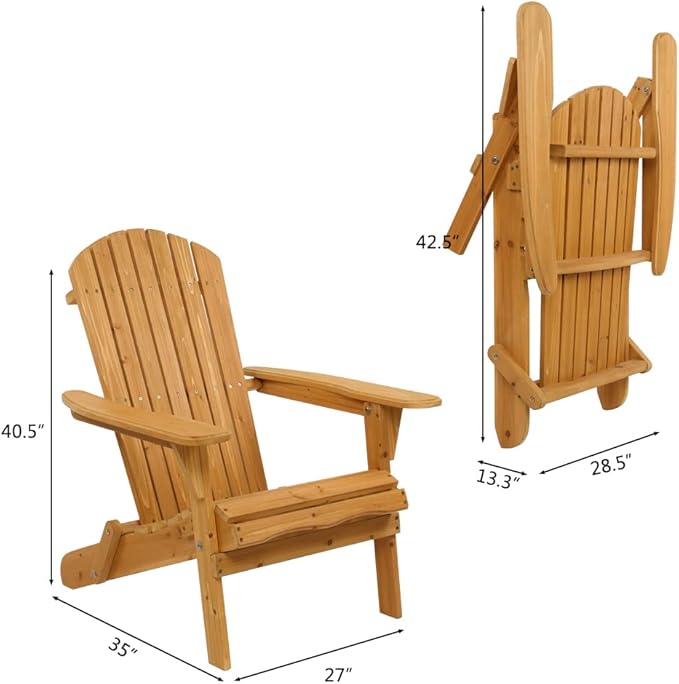 Outvita Wood Adirondack Chair Set of 2, Folding Wooden Lounge Seating, All Weather Outdoor Furniture Chair with Clearance Weather Resistant for Garden Fire Pit Yard Beach Campfire - Teak