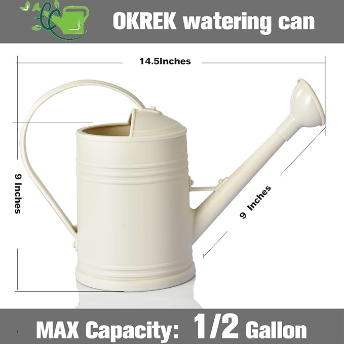 Plastic Watering Can for Indoor Plants Outdoor Garden Flowers - House Plant Watering Can with Sprinkler Head (1/2 Gallon, Ivory)