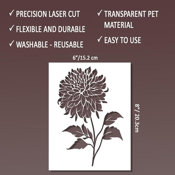 Dahlia Stencil - Flower Stencils for Painting on Wood, Canvas, Paper, Fabric, Wall, Furniture - Stencils for Crafts Reusable for Art, Cards, Journaling & Pattern Template -Floral Stencil (6x8 inch)