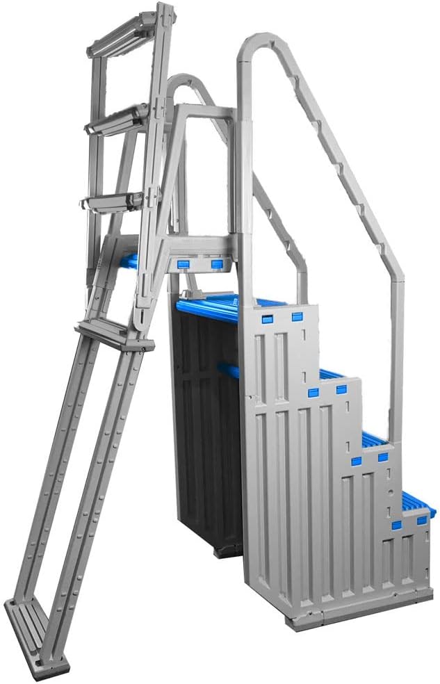 Confer Plastics Step-1X with 8000X Ground to Step Ladder: Above Ground Entry System, Dual Handrails, Slip-Resistant Steps, Supports 300 lbs, Easy Install – Made in USA, White with Blue Step-1