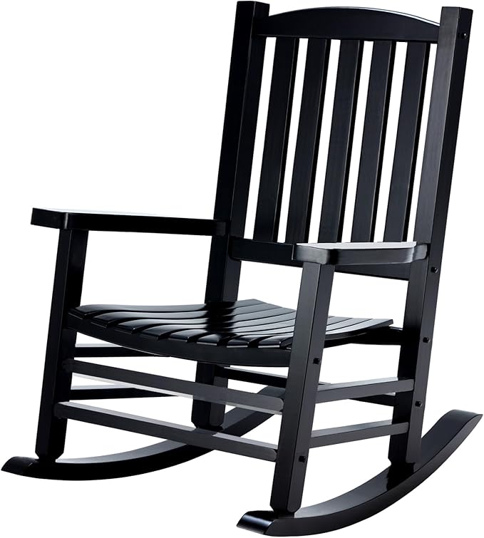 Wooden Rocking Chair Outdoor Oversized Porch Rocker Chair,Patio Wooden Rocker with High Back and Armrest,All Weather Rocker Slatted for Backyard,Garden,400 lbs Support,Black
