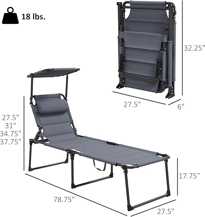 Outsunny Outdoor Lounge Chair, Adjustable Backrest Folding Chaise Lounge, Cushioned Tanning Chair with Sunshade Roof & Pillow Headrest for Beach, Camping, Hiking, Gray