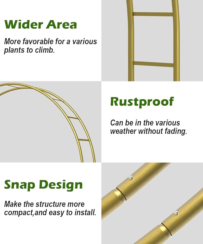 Queension Metal Wedding Arch | for Ceremony Party Decoration 8Ft Wide 7Ft High,Garden Arch Trellis with Ground Bases for Climbing Plants,Outdoor Garden Arbor for Roses Vines, Round Frame, Gold