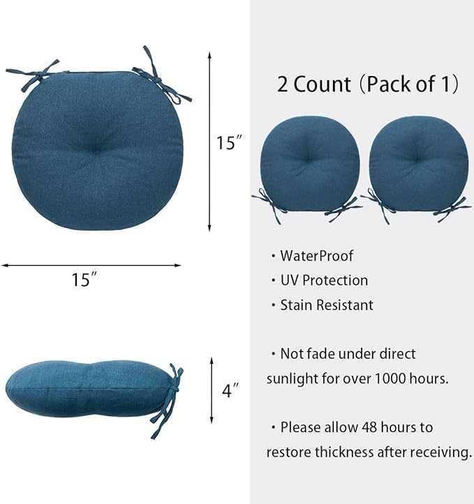 Bistro Chair Cushions 15 inch,Set of 2,Tufted Round Chair Cushions with Ties,15"x15"x4",Water Resistant Round Seat Cushion for Barstool Chairs,Patio Garden Kitchen Outdoor Furniture(Denim Blue)