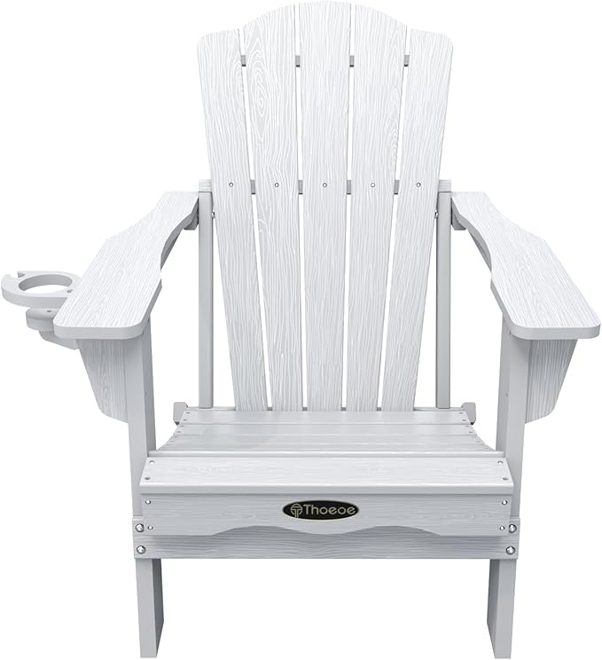 Folding Adirondack Chair Set of 8,HDPE All-Weather Outdoor Chair with Cup Holder,Wooden Textured,Fire Pit Chair,Plastic Patio Chair for Deck,Backyard,Garden,Lawn(White)
