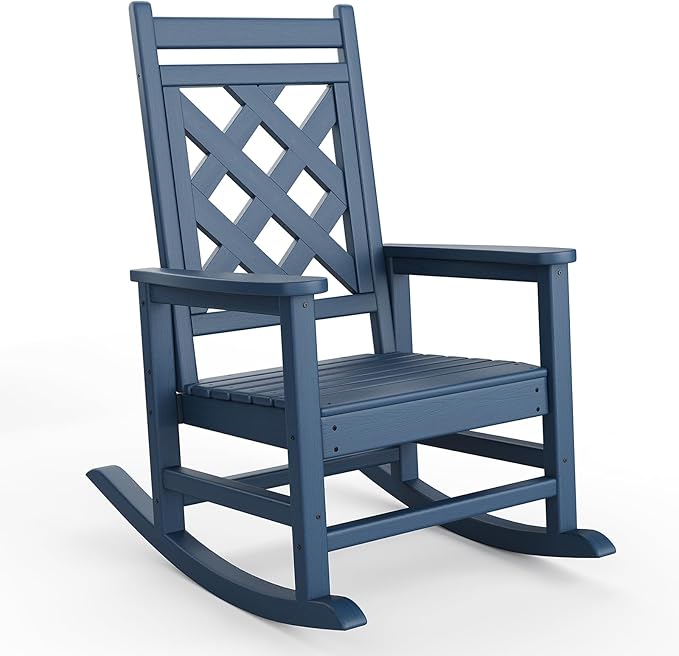 GarveeLife Outdoor Rocking Chair, HDPE Weather Resistant Patio Rocking Chair Porch Rocker with Wood Texture & 380 LBS Support for Deck, Pool, Backyard, Navy Blue