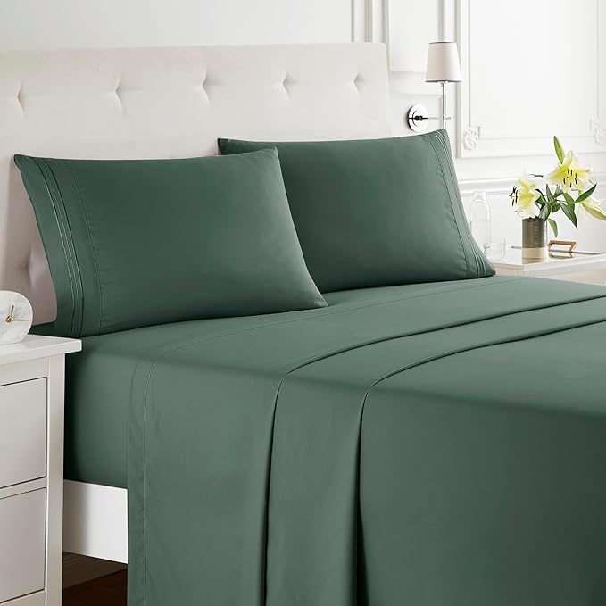 Clara Clark Bed Sheets, Premier 1800 Series Bed Sheet Set, Deep Pocket, Wrinkle, Fade, Stain Resistant, Luxury Soft Bedding Sheets & Pillowcases, King, Forest Green