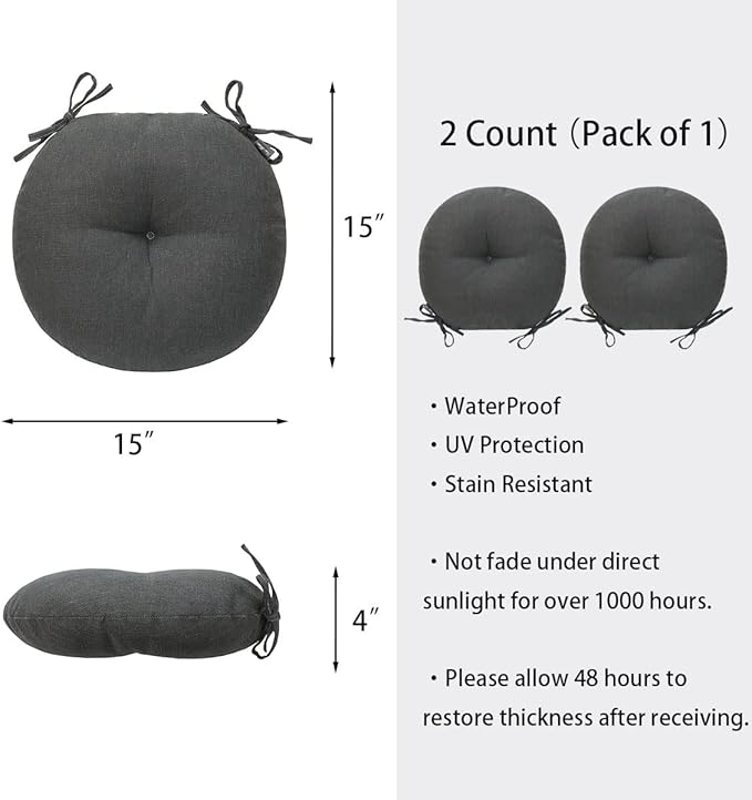 Bistro Chair Cushions 15 inch,Set of 2,Tufted Round Chair Cushions with Ties,15"x15"x4",Water Resistant Round Seat Cushion for Barstool Chairs,Patio Garden Kitchen Outdoor Furniture(Charcoal Gray)