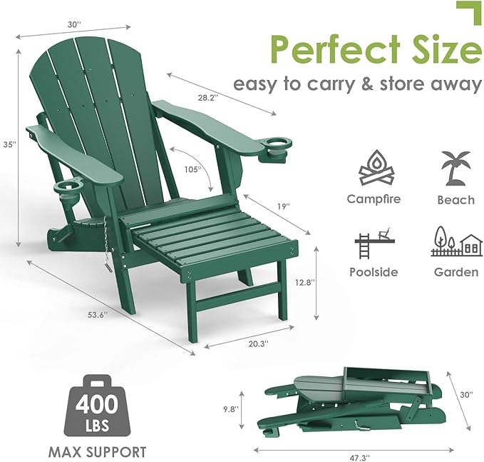 GREENVINES Adirondack-Chairs-with-Ottoman | Folding | Retractable-Footrest | HDPE Plastic | All Weather Fire Pit Chair | Cup Holders | Forest | for Outdoor Poolside