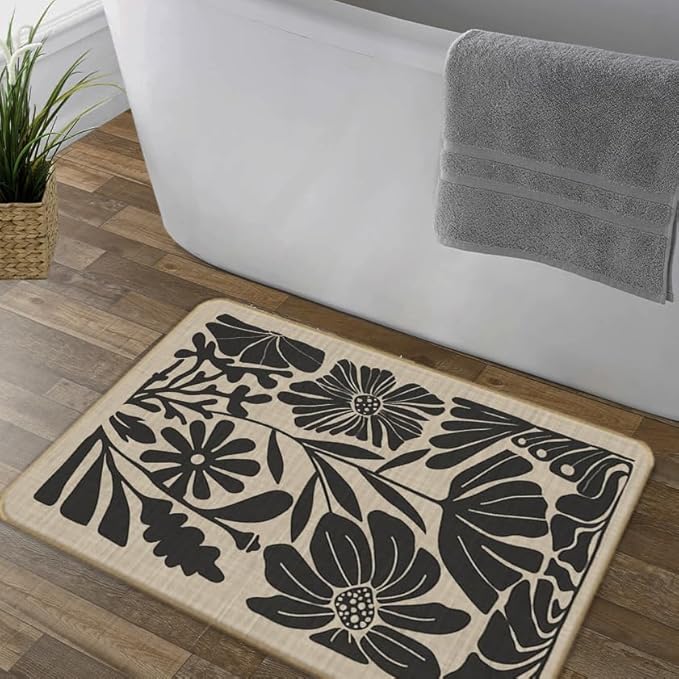 Boho Beige and Black Floral Door Mat Set 2 - Bohemian Neutral Floral Front Door Welcome Mats Outdoor Entrance, 17x30 Rug