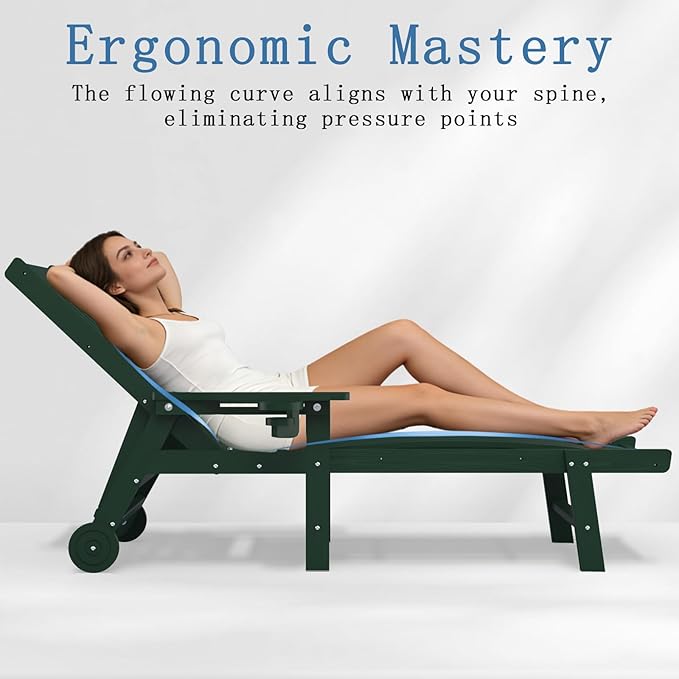 Patio Chaise Lounge Chair Set of 4, Oversized Lounge Chair Outdoor with 5 Positions, HDPE, Patio Lounge Chair with Wheels & Cup Holder for Pool, Deck, Poolside,Green