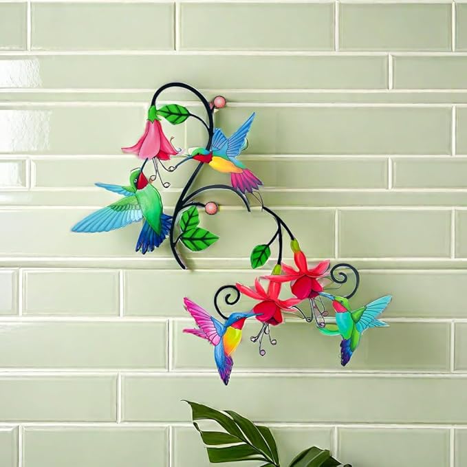 2 Pack Metal Hummingbird & Flower Outdoor Wall Art Decor, Creative Wall Decor for Patio, Fence, Deck, Garden, Home, Kitchen, Balcony