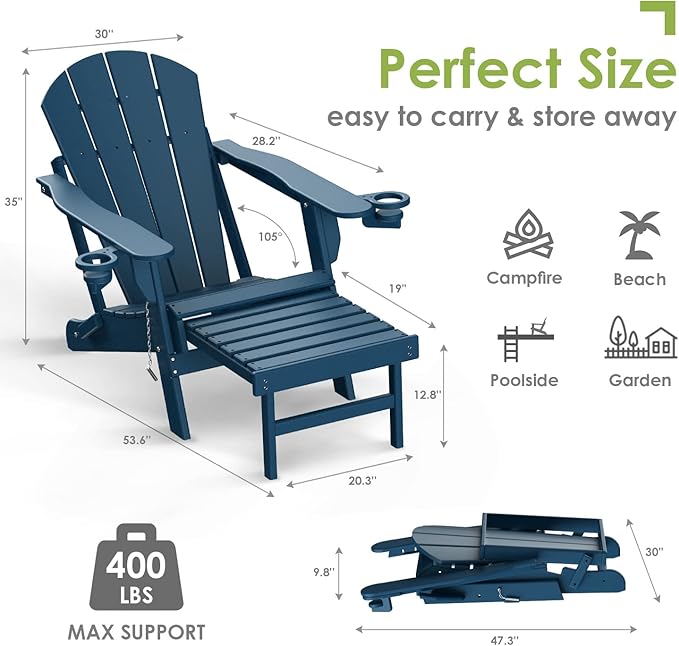 GREENVINES Adirondack-Chairs-with-Ottoman | Folding | Retractable-Footrest | HDPE Plastic | All Weather Fire Pit Chair | Cup Holders | Blue | for Outdoor Poolside