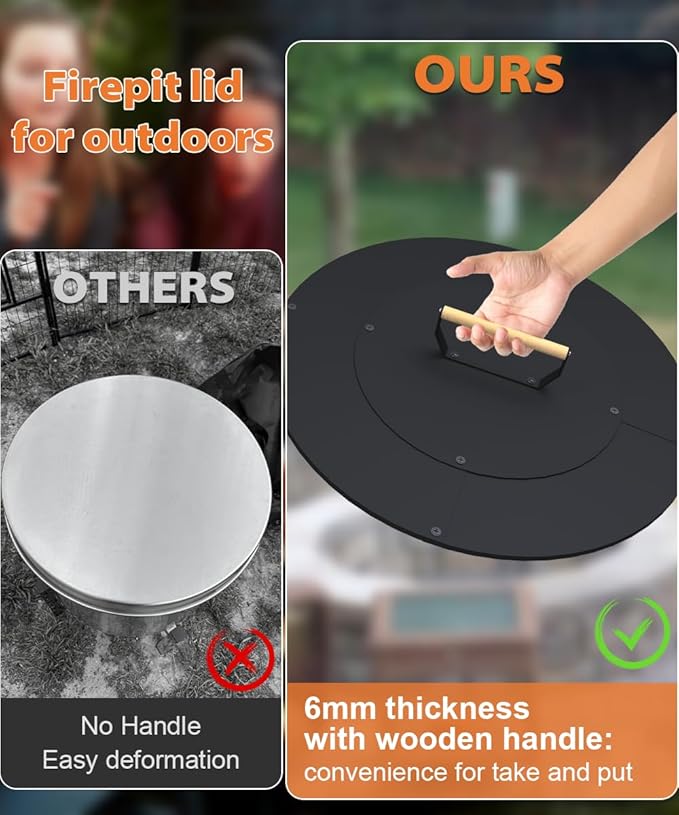 22" Wooden-handle Fire Pit Lid for Pits up to 20", Round Metal Bonfire Pit Burner Pan Cover, Smokeless Fire Pit Cover for Fire Tables, All-Weather Resistance Outdoor Firepit Accessory