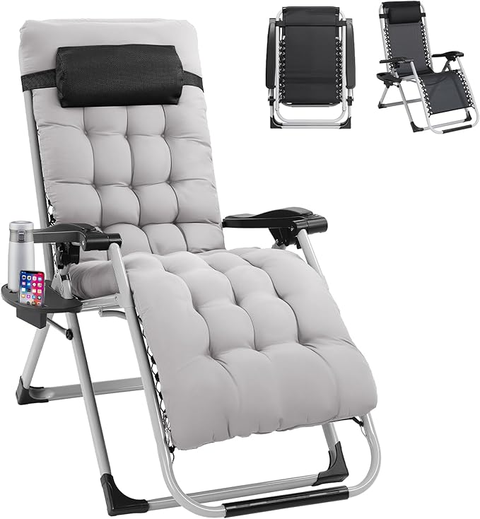 Bonnlo Padded Zero Gravity Chair, Lounge Chair Recliner Chair with Removable Cushion & Tray， Folding Reclining Patio Chairs， Recliner Chair for Lawn，Indoor and Outdoor