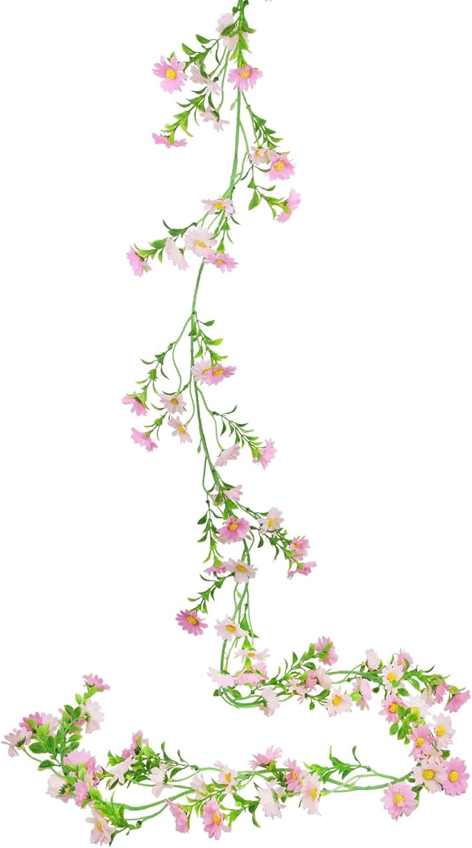 CISDUEO Artificial Daisy Flowers Vine Silk Wildflower Garland Spring Fake Flower Vine Hanging Ivy Light Pink Daisy Flowers Green Leaves for Wall Party Wedding Arch Floral Decor Indoor Outdoor Ceremony