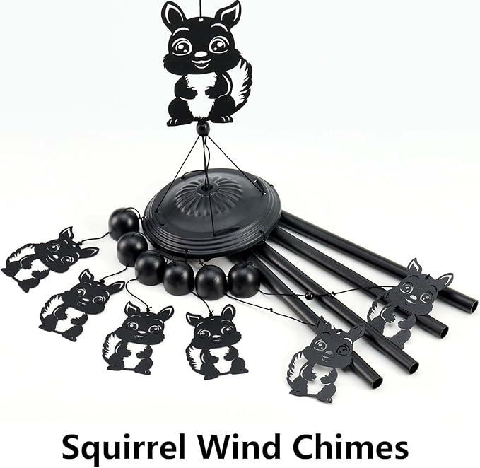 Squirrel Wind Chimes for Outside/Indoors, Squirrel Gifts for Women Mom Grandma, Aluminum Tubes Windchimes S Hook, 37" Wind Chime Hanging Decor for Home Patio Garden Porch Yard (Black-Squirrel)