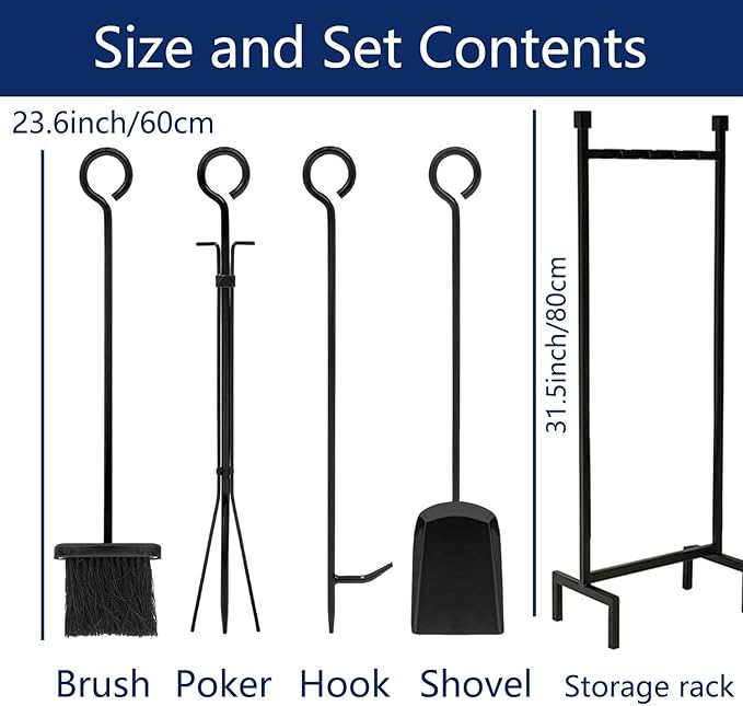 Heavy Duty Fireplace Tools Set Indoor with 31.5inch Holder - 23.6inch Extra Long Brush, Poker, Shovel & Hook - Premium Metal Fireplace Accessories Kit in Black or Bronze (Black)