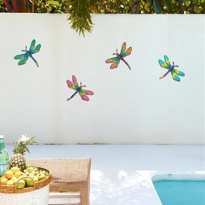 4 PCs Metal Dragonfly Wall Decor Art, Dragonflies Outdoor Wall Art with Colorful Leaves, Hand Painted Outdoor Decor for Garden Yard Fence Patio Outside Decoration